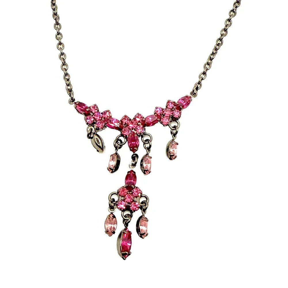 New VIESTE Pink Austrian Crystal Dangle Pendant Necklace Genuine Gems 16-18